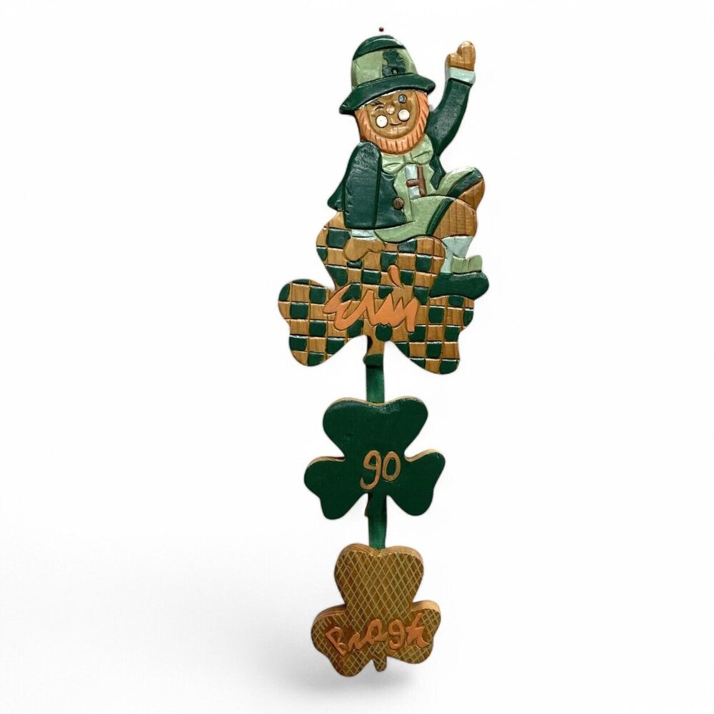 Vintage Handmade Leprechaun & Clover Erin Go Bragh Wooden Sculpture Folk‎ Art